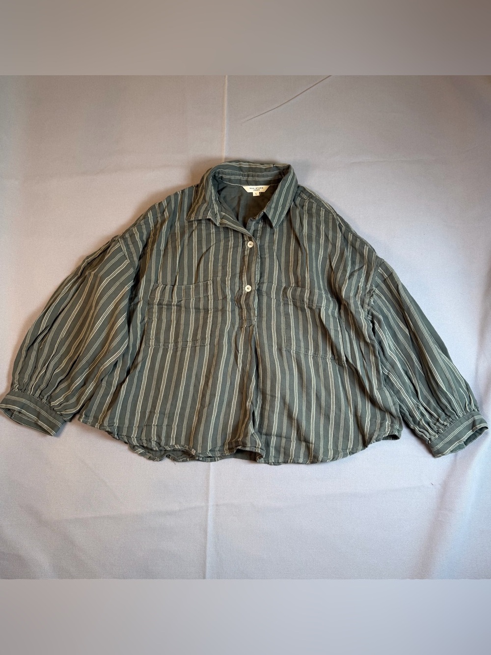 Max Studio Women’s szL Olive Green Striped Casual 1/4 Button Flowy Collard Shirt